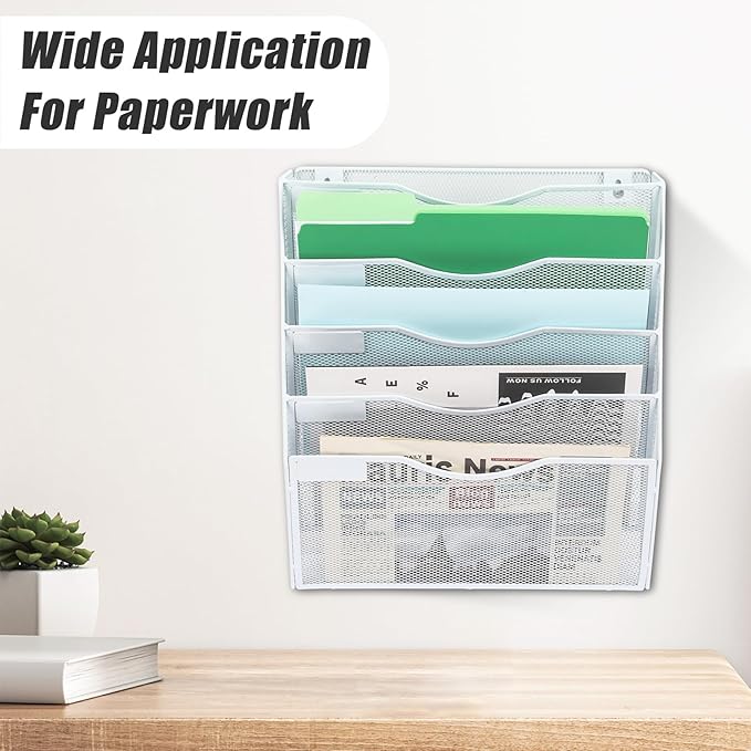5 Pocket Mesh Hanging Wall File Organizer, Wall Mounted Mail Paper Document Folder Holder, Clipboard Storage Organization Magazine Rack with Nametag Label for Office Home School, White