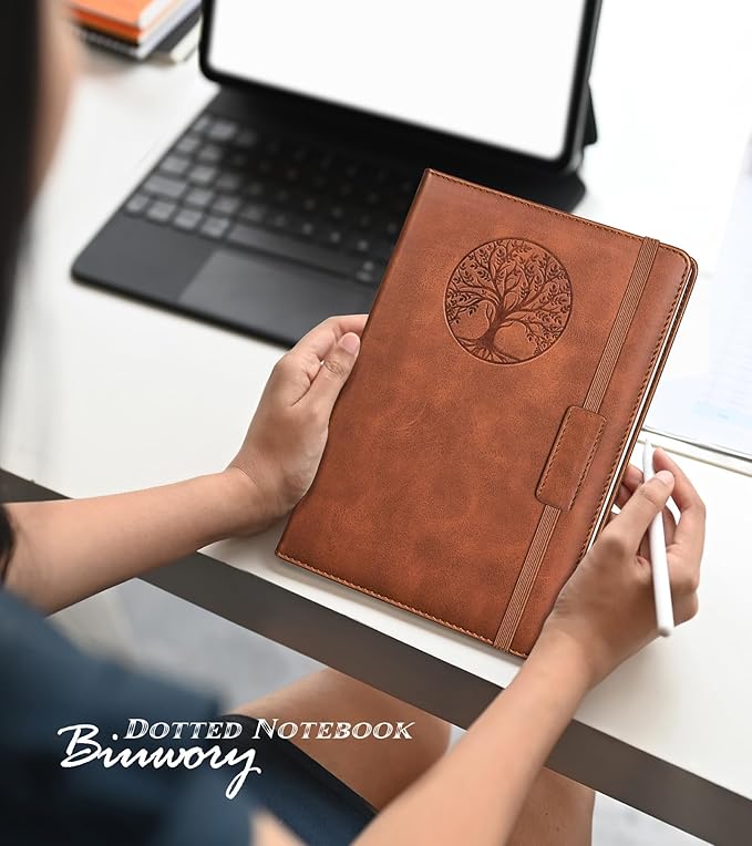 Dotted Journal Notebook for Women Men, 140 Pages Hardcover Dot Grid Notebooks for Work, School & Travel, Leather Journals for Writing, Bullet Journaling 5.7"×8.3" (Brown)