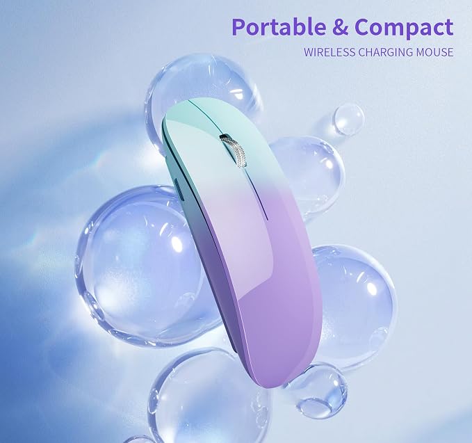 TENMOS M18 Bluetooth Mouse,USB C Rechargeable Wireless Mouse, Green&Purple | Tri-Mode BT5.1/5.0+2.4G, Silent, Portable, Battery Level Visible, USB Receiver,Type C Adapter, for Laptop/Macbook/iPad/PC