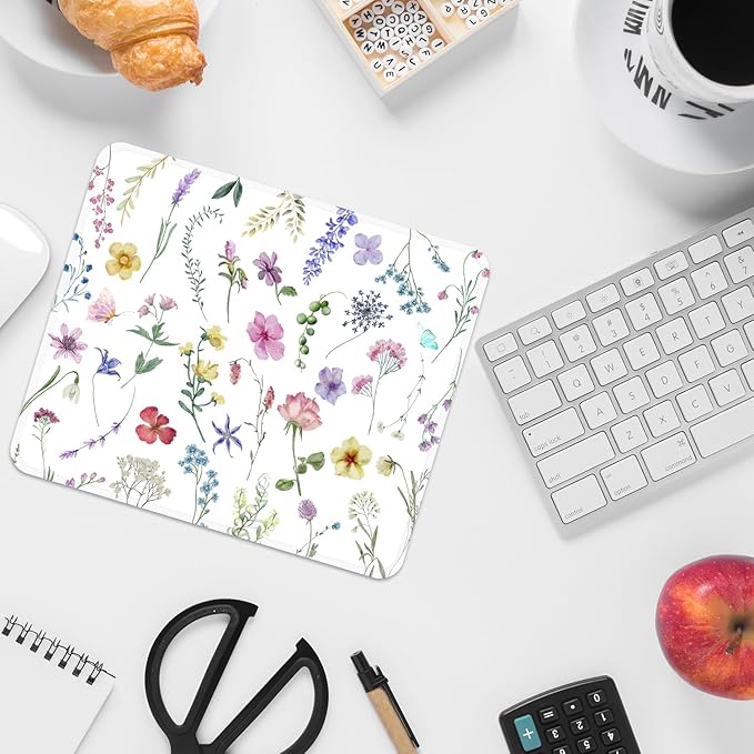 Mouse Pad with Stitched Edges - Watercolor Floral Mousepad for Women, 9.25 x 7.75 inch Washable Square Desk Pad, Non-Slip Rubber Base, Office Home Laptop Accessories - Watercolor Wildflowers