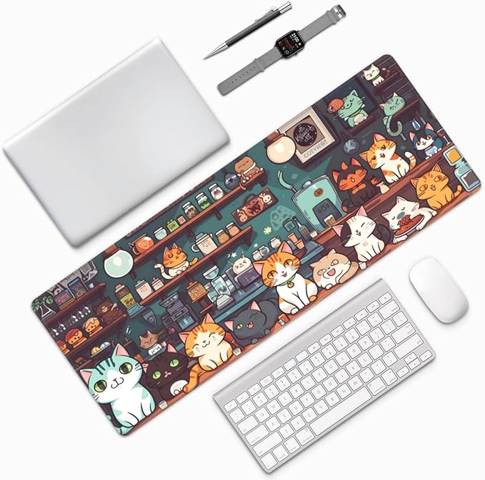 Gaming Mouse Pad Desk Pad,Extended Big Mouse Pad,31.5x11.8 Inch Long Computer Keyboard Mouse Mat Mousepad with 3mm Non-Slip Base and Stitched Edge for Gaming and Office⦠(cat)