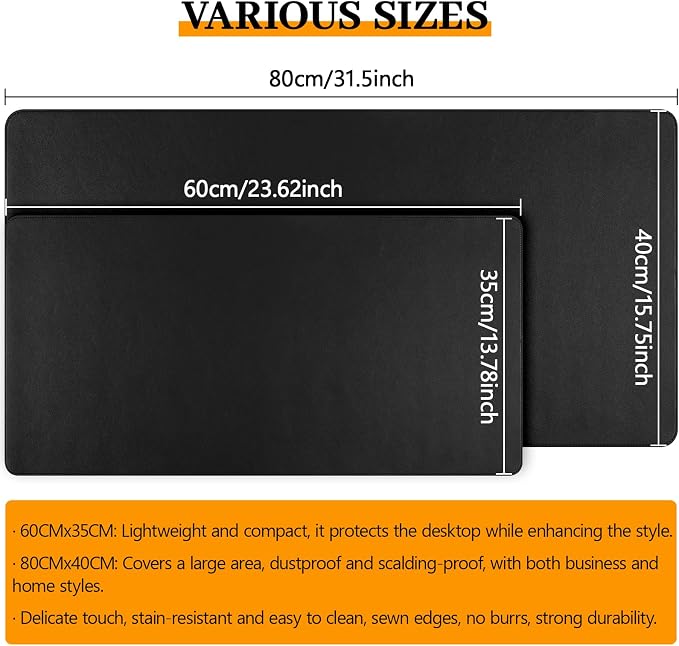 Black Leather Desk Pad Large Mouse Pad, 23.6"x13.8" | Waterproof Desk Mat for Keyboard and Mouse, Non-Slip Computer Desk Protector, Smooth Mouse Control for Home Office