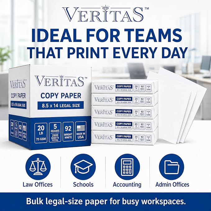 Veritas Copy Paper 8.5 x 14 Legal Size, 5 Reams, 2500 Sheets Total, 20 lb / 75 GSM, 92 Bright White Multipurpose Printer Paper for Office, Business, Legal Documents, Laser & Inkjet, Made in USA