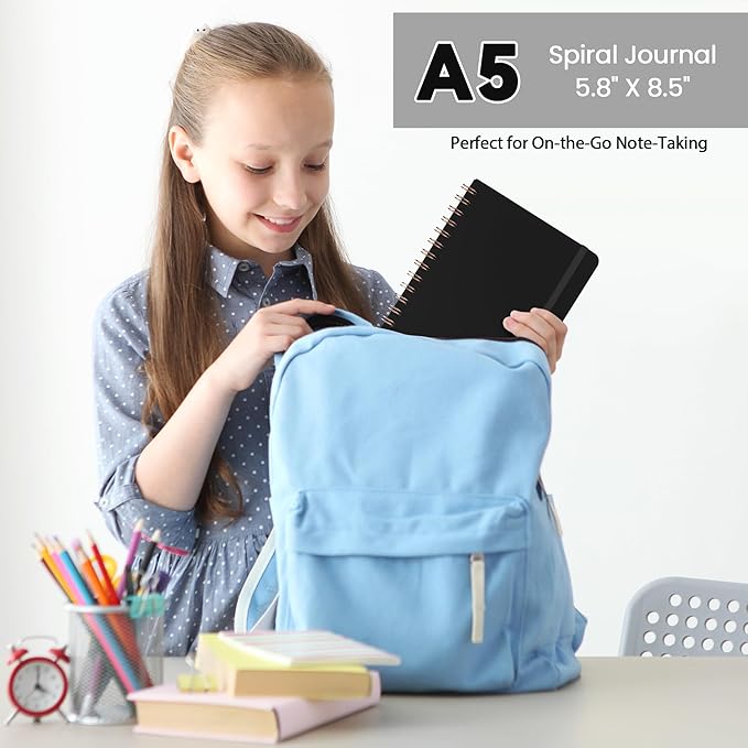 Lined Spiral Journal Notebook, A5 College Ruled Notebook for Note-Taking | 100 GSM No-Bleed Paper, Perfect for Writing, Journaling & Staying Organized at Work, School, or Home, Black
