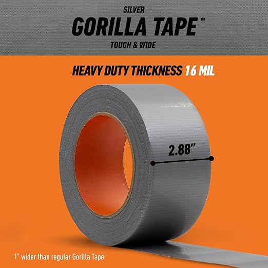 GORILLA Tough & Wide Heavy Duty Duct Tape, Silver, 2.88" x 25 yd, 1-Pack | Weather Resistant, Indoor & Outdoor Use, Double-Thick Adhesive, Reinforced Backing, Hand-Tearable