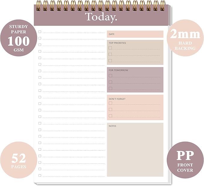 To Do List Notepad 4pcs/Set, Daily Planner, 6.5" x 9.8" | Undated 52 Sheets, Double Spiral, Waterproof Cover, Checklist Notepad, Office School Oraganized