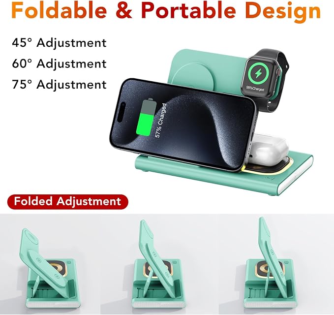 3 in 1 Foldable Wireless Fast Charging Station for Apple Multiple Devices | iPhone Charging Station for iPhone 17, Travel iWatch Charger Stand, Light Nightstand Charging Dock for Apple Watch/Airpods