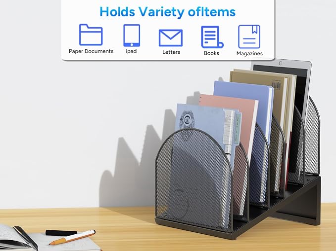 gianotter Desktop File Organizer with 5 Compartments | Desk Organizer Paper Organizer for Desk Workspace Organizers for Office Supplies (Black, Inclined Style)