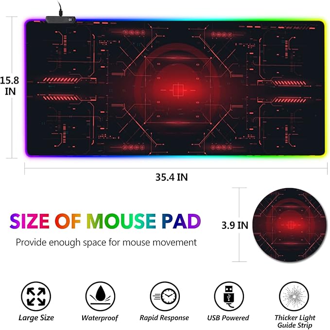 AIMSA Large Gaming Mouse Pad RGB, Keyboard Led Mousepad Extended 35.4 x 15.8 inch Non-Slip Rubber Base with 14 Lighting Modes Desk Mat, Red Circuit Board Motherboard