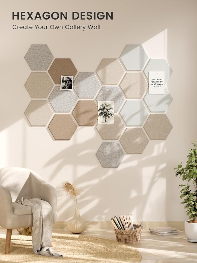 Fluxynara 12-Pack Hexagon Felt Bulletin Board Tiles, Stone Beige | Cork Board Alternative with 60 Adhesive Tabs for Notes, Photos and Reminders in Home Offices, Dorm and Classrooms