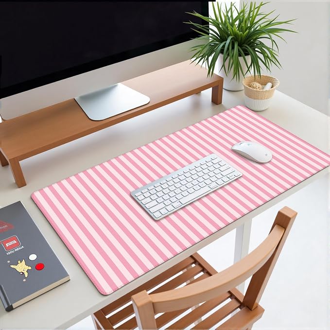Pink Striped Desk Mat Cute Pastel XXL Large Gaming Mouse Pad Desk Pad Kawaii Cozy Aesthetic Keyboard Laptop Computer Mat Home Office Decor for Women