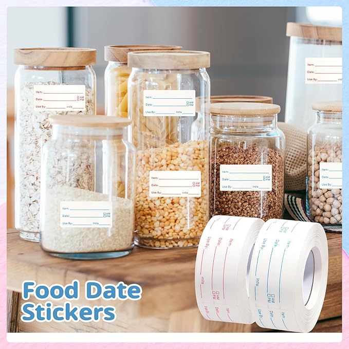 8 Rolls 4000 Pieces Removable Food Labels | 1 x 2 Inch Date Stickers for Freezer, Refrigerator Food Containers - Easy to Write