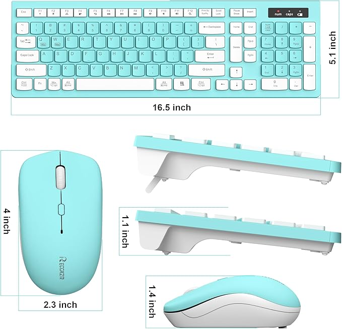 Wireless Keyboard and Mouse Combo Silent for Office and Home(Turquoise) | 2.4G Full Size Silent Cordless Keyboard with Tilt Legs,3-Level DPI Quiet Mouse,for Windows/Mac OS/Desktop/Laptop/PC