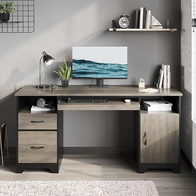 Bestier 59" Executive Desk, File Drawer, Keyboard Tray & 2 Drawers, Gray | File Drawer For Letter/A4/Legal Folders, 2 Storage Drawers, Keyboard Tray, Cable Management, 200 LBS Capacity, Wood Finish