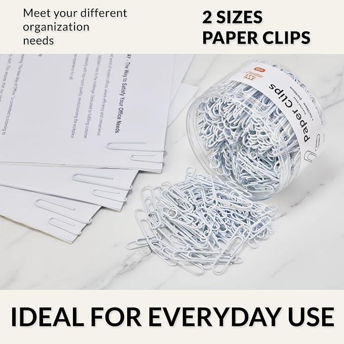 NEEWAY 450pcs Paper Clips Assorted Sizes, Small and Large Paper Clips (1.1 inch, 2 inch), Coated Paperclips for Office School Document Organizing (White)