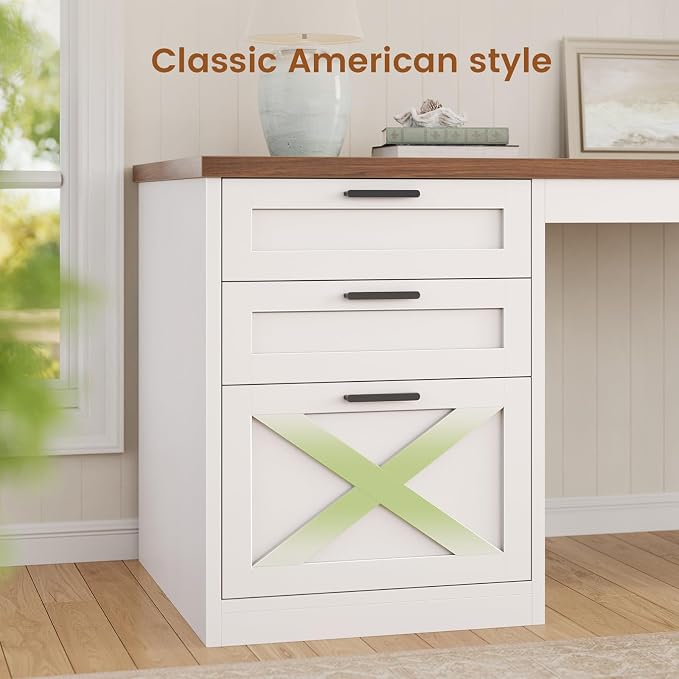 SEDETA 67" Farmhouse Executive L Shaped Desk with 3 Drawers | Executive Home Office Desks with Storage Shelves, Corner Computer Desk with Power Outlets for Home Office,White and Brown