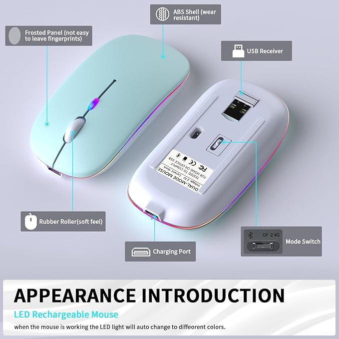 Wireless Bluetooth Mouse – Rechargeable, Silent, Dual Mode (Bluetooth 5.2 & USB) with LED Lights – Portable for Laptop, Desktop, & Tablet(Green)