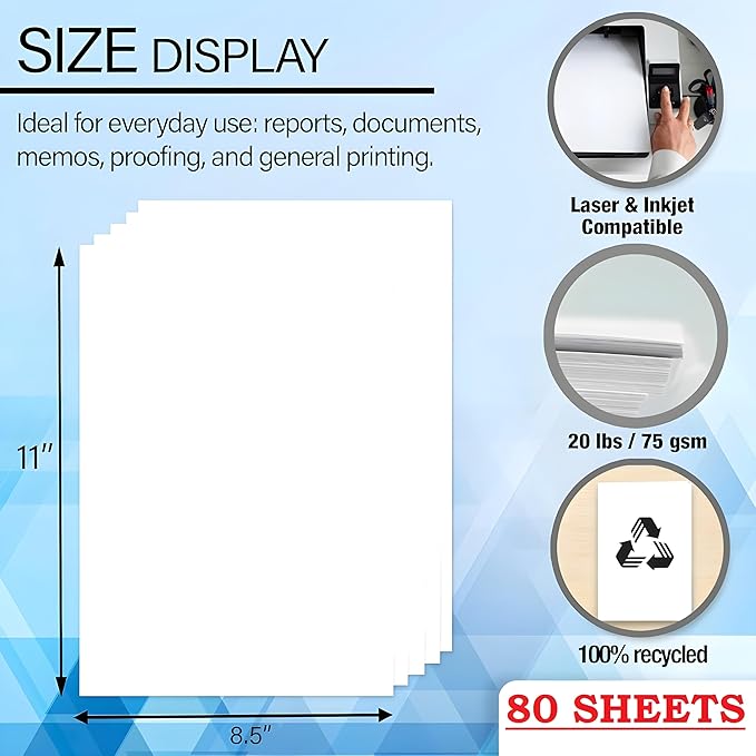 80 Sheets 8.5" x 11" White Multipurpose Paper, 20 LB (75 gsm) – Copy, Fax & Laser Compatible – Everyday Office, School & Printing Use