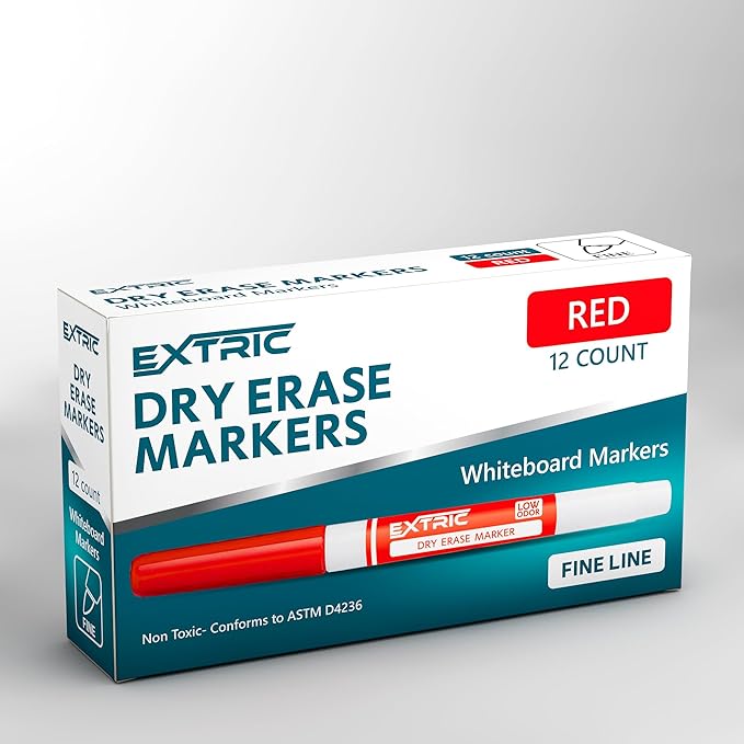 EXTRIC Red Dry Erase Markers Fine Tip 12 PK Whiteboard Markers | Use: School, Classrooms, Offices, Color: Vivid Red Ink, Tip Style: Fine Tip, Feature: Low-Odor and Non-Toxic