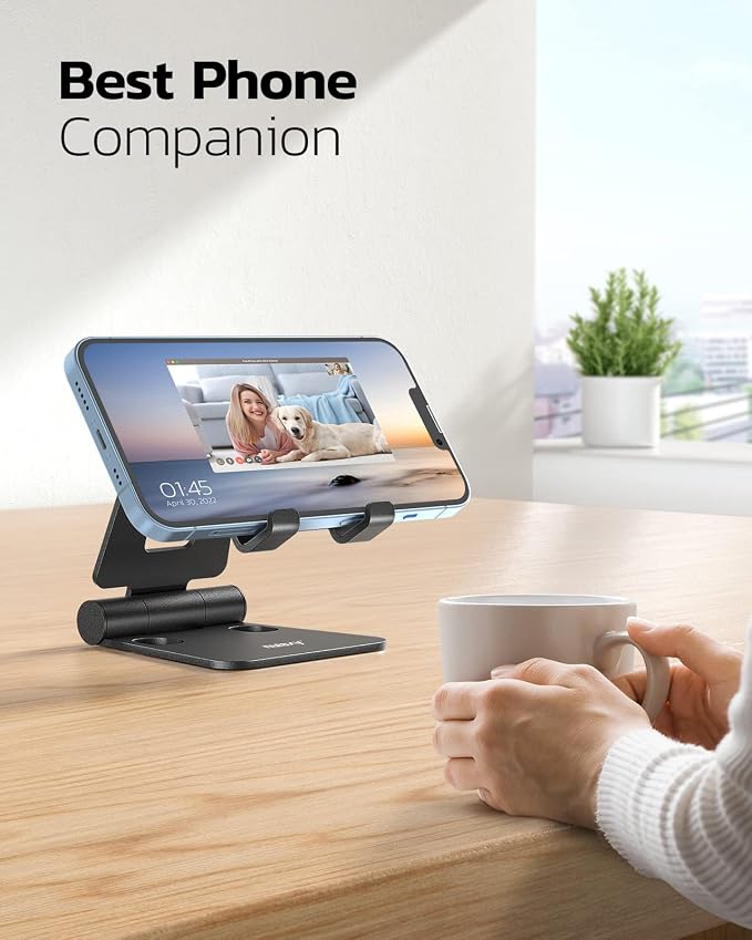 Nulaxy Full Aluminum Dual Folding Cell Phone Stand for Desk, Black | Height Angle Adjustable, Portable, Anti-Slip Base, Fits 18mm Thick Case Smartphone, Nintendo Switch Desk Essential Accessory