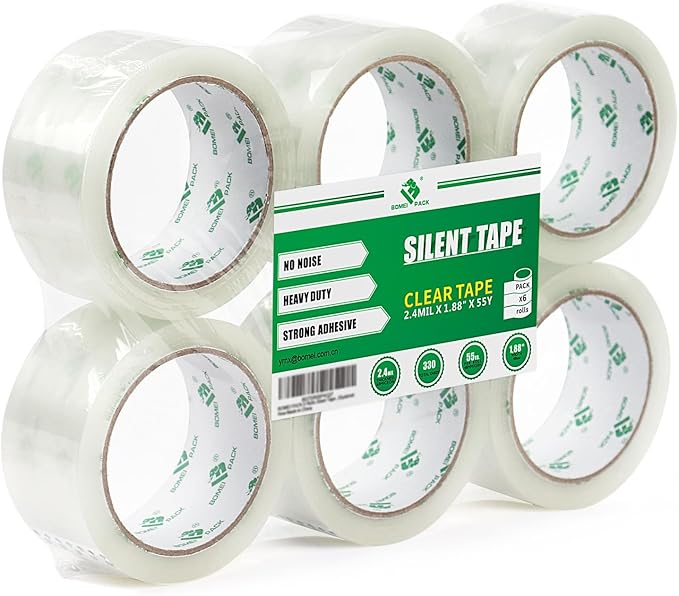 BOMEI PACK No Noise Silent Packing Tape 6 Rolls 1.88" x 55 Yards, Industrial Heavy Duty Packaging Tape for Packing Shipping Moving and Storage