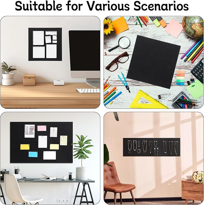 Cork Board Alternative 28" x 19", 6 Pack Felt Bulletin Boards, Pin Board | Includes Pushpins & Self-Adhesive Strips, Felt Wall Tiles Notice Boards for Walls Office Home School Decor - Black