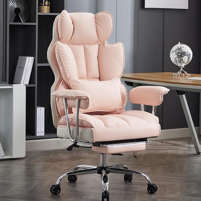 Efomao Big and Tall Office Chair 400LBS - Pink Heavy Duty Executive Office Chair with Footrest, Ergonomic Home Office Desk Chair, Wide Computer Chair for Heavy People | 400lbs support, 135° recline, dual-layer foam cushion, 23.5" seat & footrest. BIFMA