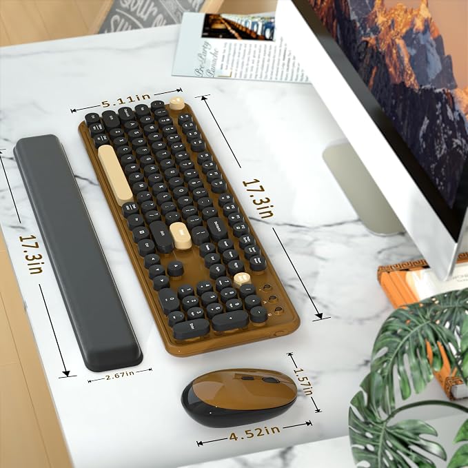 Retro Wireless Keyboard and Mouse Combo with Wrist Rest (Coffee) | COVEVA Aesthetic Typewriter Style, Full-Size Clicky Tactile Floating Round Keys, 2.4GHz Ergonomic Set for Mac, Windows