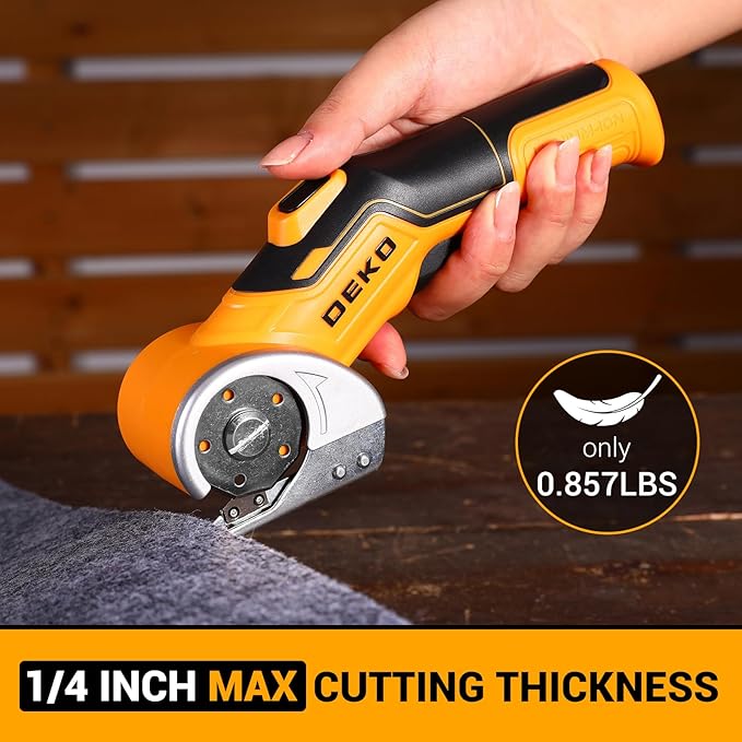 Cordless Electric Scissors Cardboard Cutter: DEKOPRO 4V 2000mAh Electric Box Cutter, Rechargeable Power Rotary Cutting Tool with Safety Lock, 389g Carpet Scissors with 2 Blade, Type-c(Yellow)