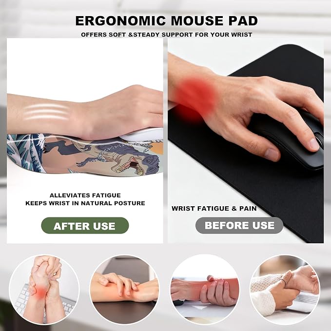 Cat and Dinosaur Mouse Pad with Gel Wrist Support, Smooth Surface Ergonomic Mouse pad, Non-Slip Pain Relief Desk Mat for Gaming, Work & Office Desktop