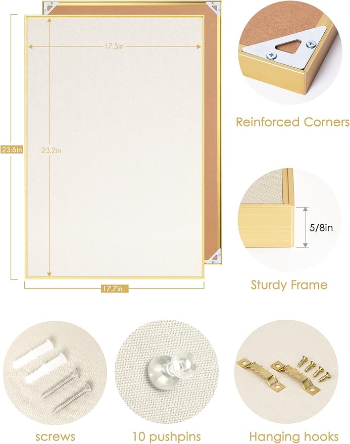 Fabric Bulletin Board 24x18 inches, Golden Aluminum Framed Wall Pin Board | Cork Board Alternative for Wall with Push Pins for Office and Home, Linen Display Mood Board for Photos, Notes & Reminders