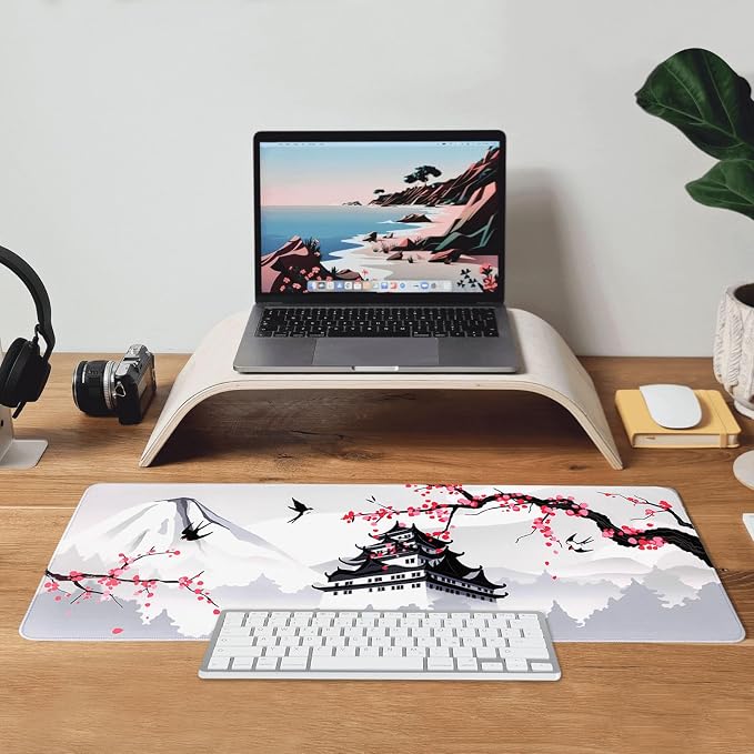 Japanese Cherry Blossom Gaming Mouse Pad 31.5x11.8in Pink Full Desk Japanese Sakura Gaming Mouse Pad Large Non-Slip Rubber Base Waterproof Big Keyboard Mat with Stitched Edges for Game Office
