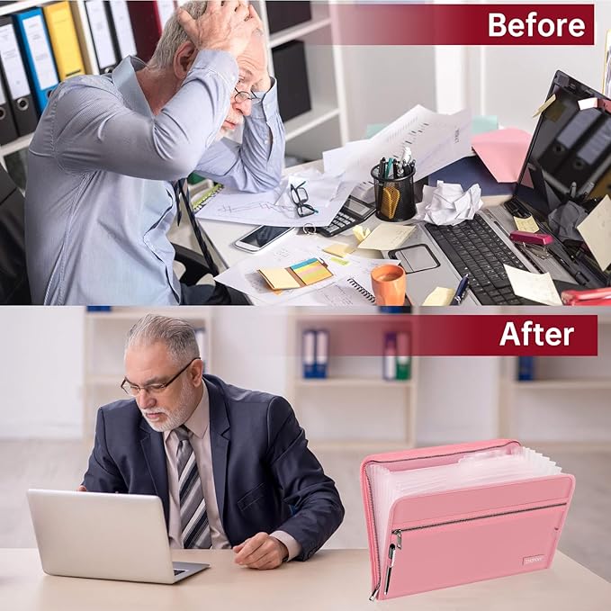 ENGPOW Expanding File Folder,Fireproof 13 Pockets Document Organizer Bag | Accordion File Organizer with Zipper&Labels,Portable Home Travel Safe Storage for Important Files,Papers,Letter Size,Pink