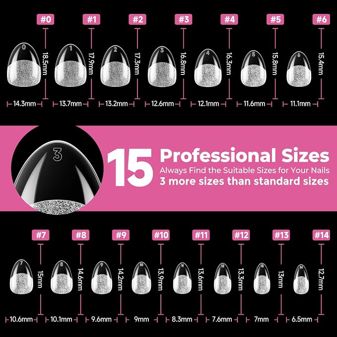 UNA GELLA Extra Short Almond Nail Tips, 15 Sizes Pre-Shaped Full Cover | 300Pcs Flexible Soft Gel Clear XS Almond Tips for DIY Press on Nails, for Daily Wear, Art Design & Salon Use