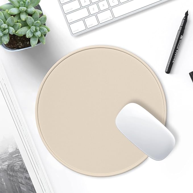 Hsurbtra Mouse Pad, Premium-Textured Small Round Mousepad 8.7 x 8.7 Inch Beige, Stitched Edge Anti-Slip Waterproof Rubber Pretty Cute Computer Mat for Office Home Gaming Laptop Men Women Kids