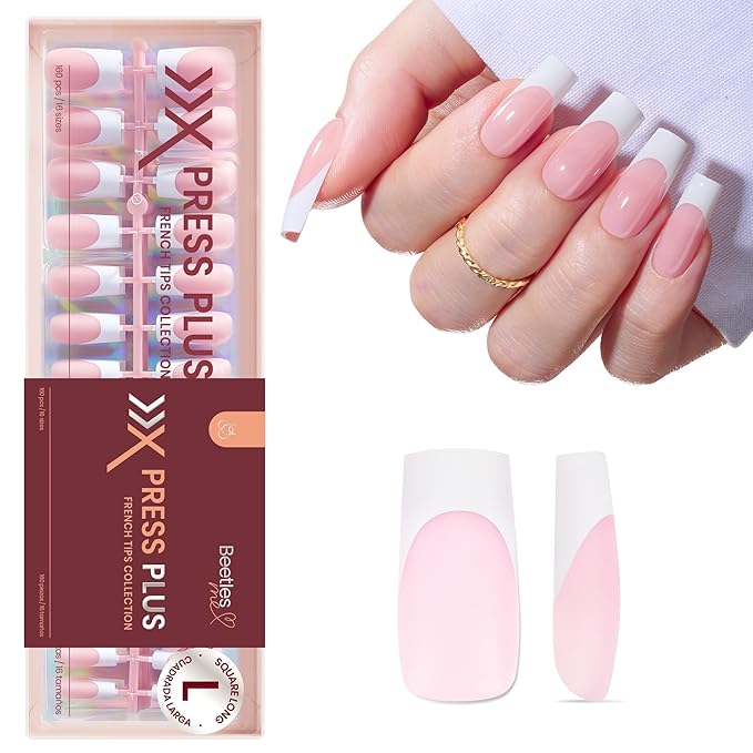 Beetles X Press Plus French Tip Nails - Candy French | Pink Long Square Press On Nails | 16 Sizes 160 Pcs Natural Salon Quality Gel Nail Tips
