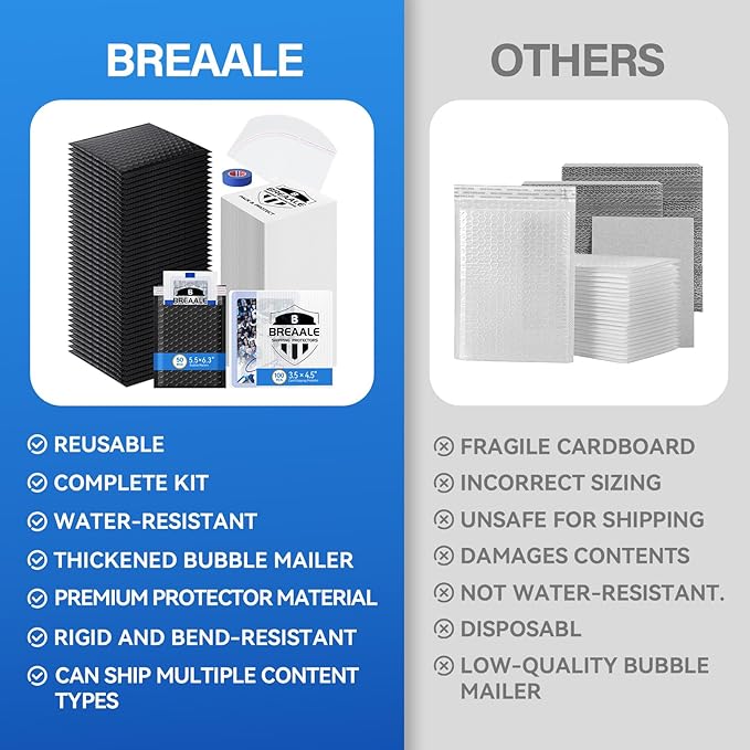 Trading Card Shipping Kit, Includes 100 3.5" x 4.5" Card Shipping Protectors, 50 Envelope Bubble Mailers, 50 Self-Seal Poly Bags, 20M Painter’s Tape for Raw Cards, Toploaders & TCG Singles