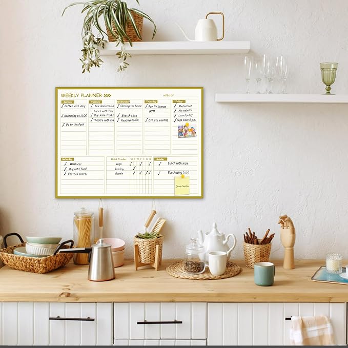 Gold Weekly Dry Erase Board for Wall,12"x16",Gold Metal Frame Weekly Planner Whiteboard for to Do List, Memo, School, Home, Office, Kitchen-GZ