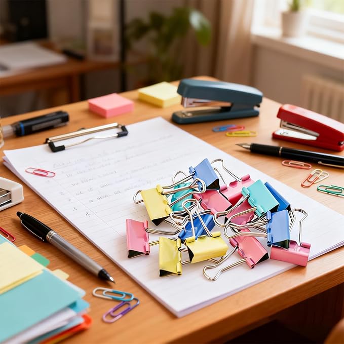 110PCS Colored Binder Clips Assorted Sizes,4 Sizes Large Medium Small Mini Paper Clamps Set, Cute Office Paper Clips for Home School Office Supplies Organizing(Blue, Pink, Yellow, Green)