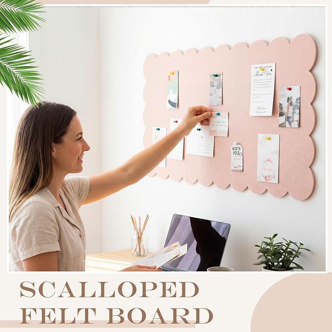 Mooliwe Scalloped Felt Bulletin Cork Board Foldable Flesh Pink 36 * 18 Inch | 3' x 1.5' Trifold, Self Adhesive, Picture Vision Board, Cork Alternative for Wall, Pin Bulletin Decorative for Office Bedroom