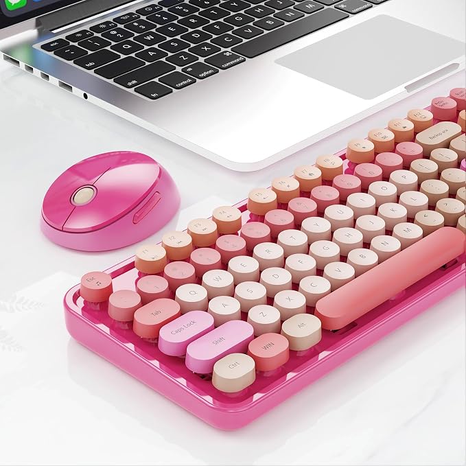 Nowlike Wireless Keyboard and Mouse Combo, Retro Typewriter Keyboard with Round Keycaps, Full-Size Ergonomic, Red, Ideal for Windows PC, Home, Office, and College, Wireless Keyboard Mouse Combo