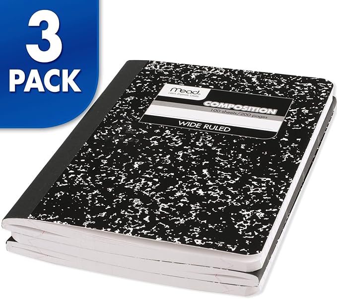Mead Composition Notebook, 12 Pack, College Ruled Paper, 7-1/2" x 9-3/4", 100 Sheets per Comp Book, Black Marble (38111)