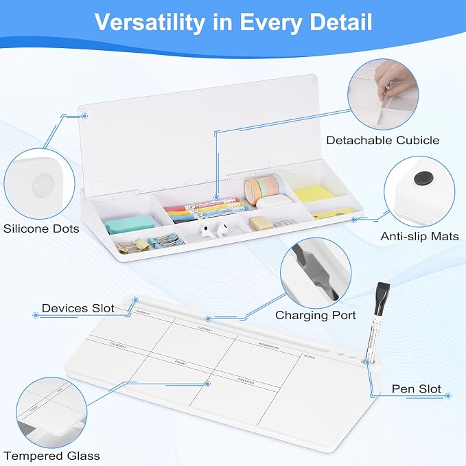 Desktop Glass Whiteboard with Storage, Weekly Calendar Desk White Board | Computer Keyboard Stand, Office Desk Organizers and Accessories with Drawer, To Do Memo Notepad, Home School Supplies