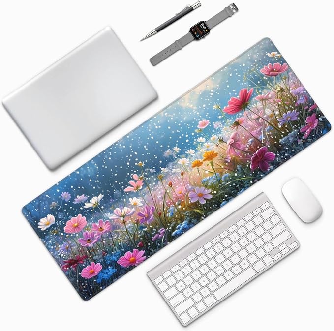 Gaming Mouse Pad Desk Pad,Extended Big Mouse Pad,31.5x11.8 Inch Long Computer Keyboard Mouse Mat Mousepad with 3mm Non-Slip Base and Stitched Edge for Gaming and Office⦠(Flowering shrubs)