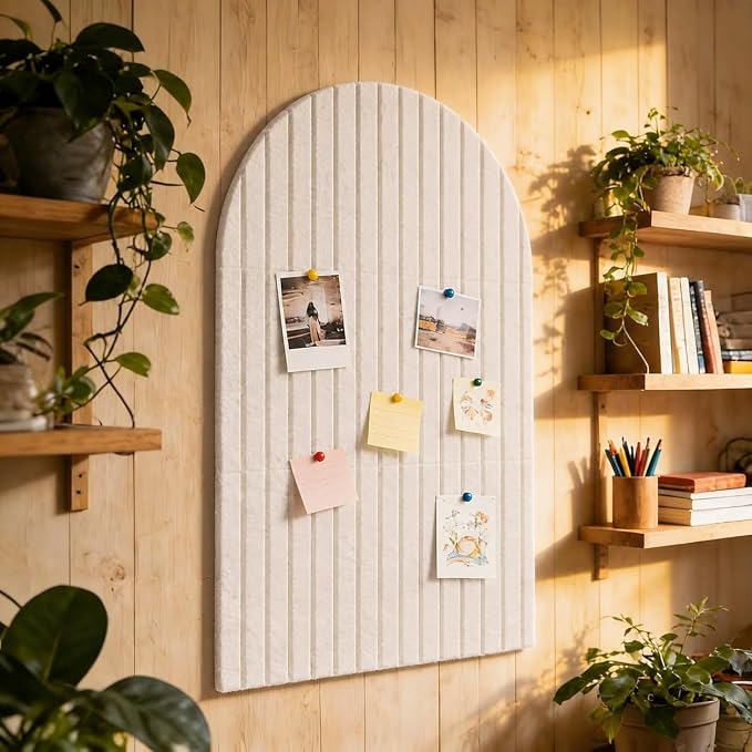 Large Arched Felt Bulletin Board, Sized 36" x 24" for Office & Wall Decor – 6 Customizable Adhesive Tiles with Pins are Perfect to Display Your Photos (Khaki)