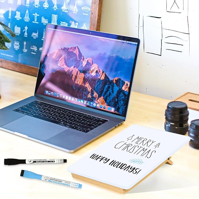 Desktop Glass Whiteboard, 9.5"x 6.7" Desk Dry Erase Board with Wood Stand | Reversible Wooden Stand, Small Dry Erase Board, Portable Whiteboard for Desk, Reusable Desk Notepad for Home, Office