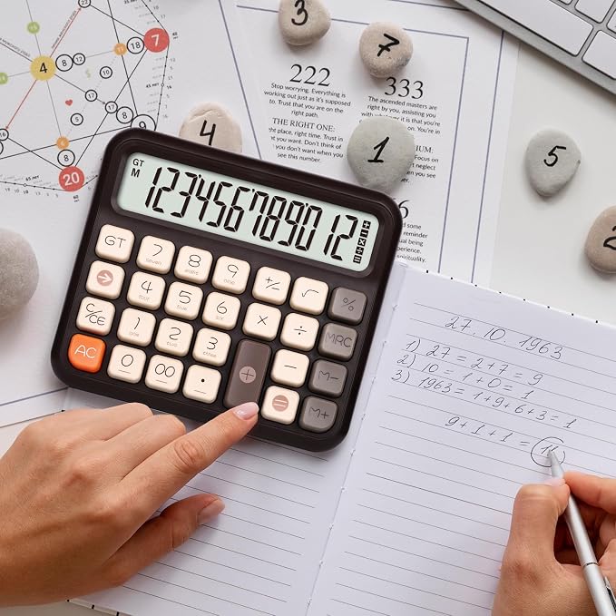 Pendancy Cute Desk Calculator, 12-Digit LCD, Typewriter-Style Keys, Brown | Desktop Basic Calculator with Big Buttons, 5-Inch Display, Battery Powered, 15° Tilt, Backspace, GT and Memory Functions