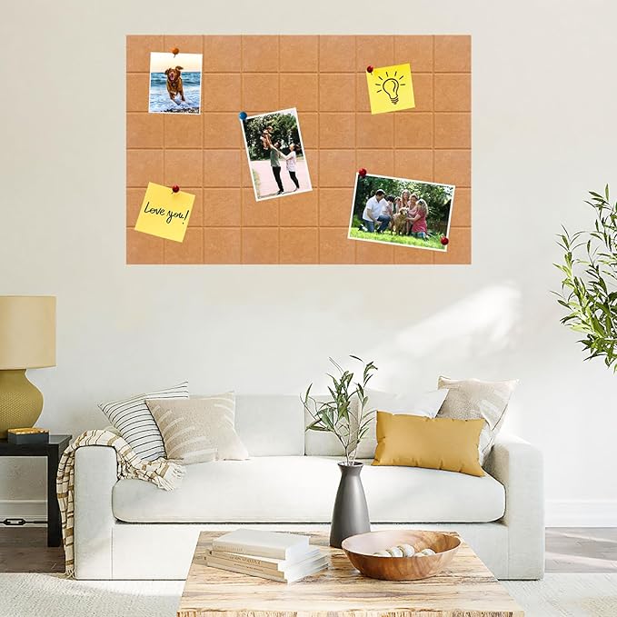 Large Square Felt Cork Board Tiles, Self Adhesive DIY Felt Bulletin Board Pin Board with 35 Pushpins for Office School Home Wall Decor Stickers Memos Photos Display (Deep Camel)