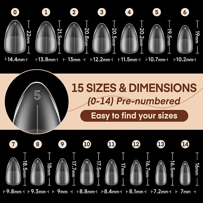 Luckyfairy Short Almond Nail Tips, 240pcs 15 Sizes Soft Acrylic Gel Nail Tips Pre-shape Full Cover False Nails Long-Lasting Press on Almond Nails Tips Set for Nail Extensions Nail Salon DIY