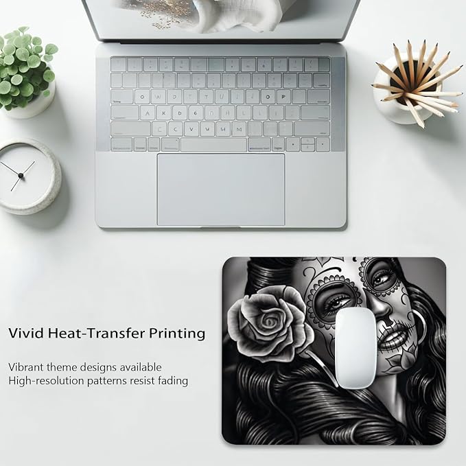 Monochrome Sugar Skull Portrait with Rose Mouse Pad, Durable Desk Mat | Cute Mousepad Stitched, Anti-Slip Base Smooth Surface, 9.5 x 7.9 Inches